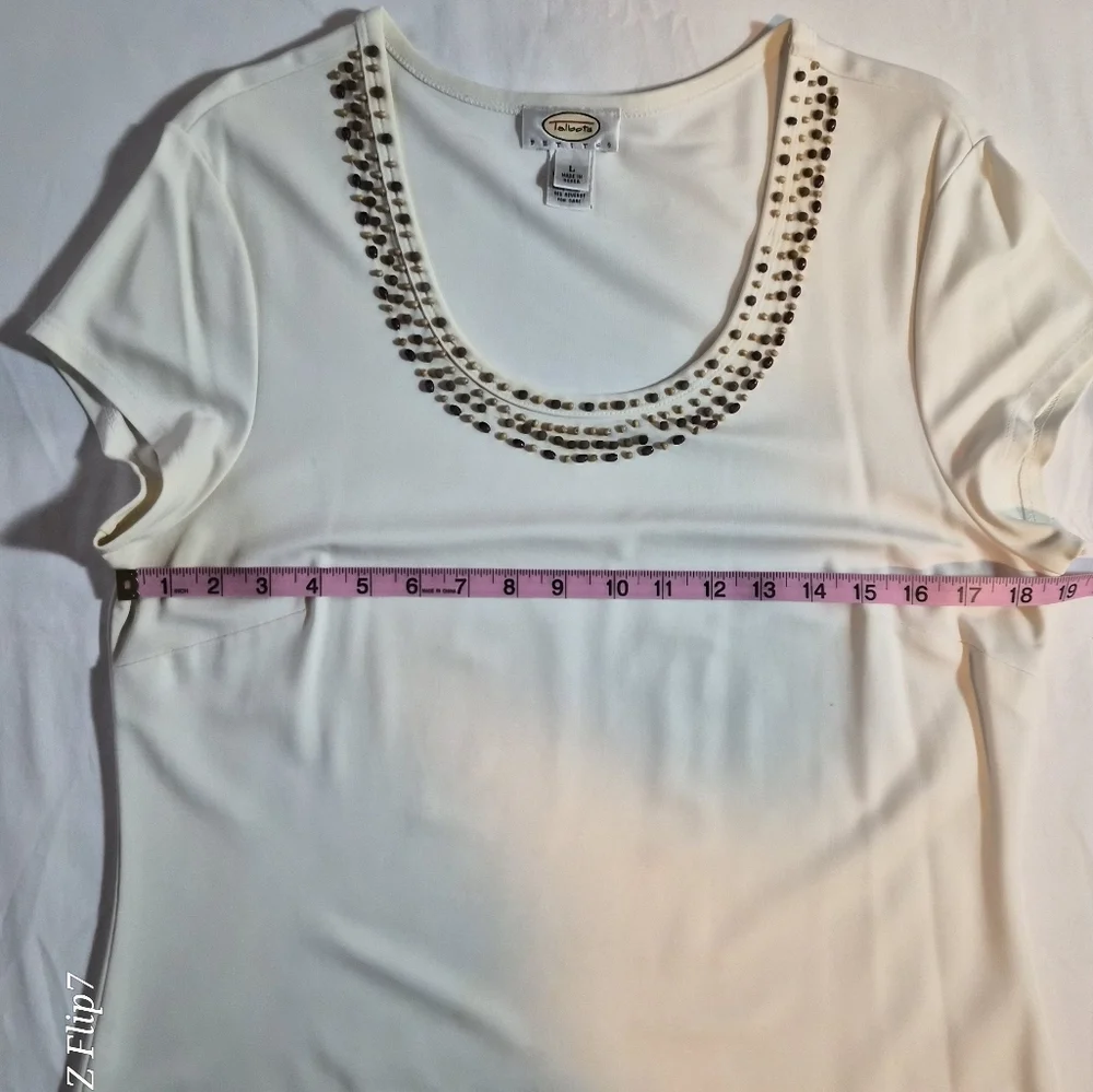Talbots Petites White Beaded Neckline Short Sleeve Top Size LP - Picture 4 of 9